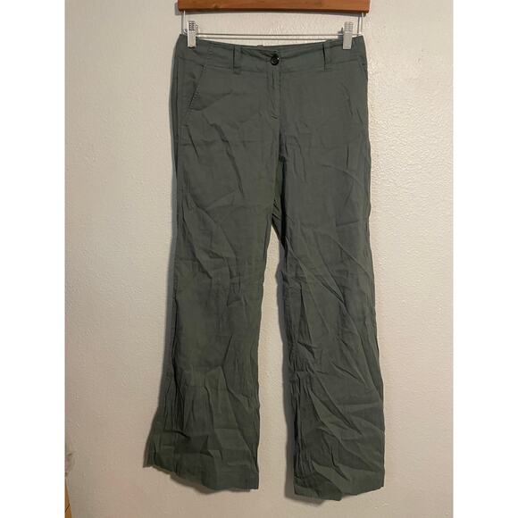 Theory Pants Womens 2 Green Linen Blend Stretch Flare Leg Work Casual Lagenlook - Picture 1 of 9